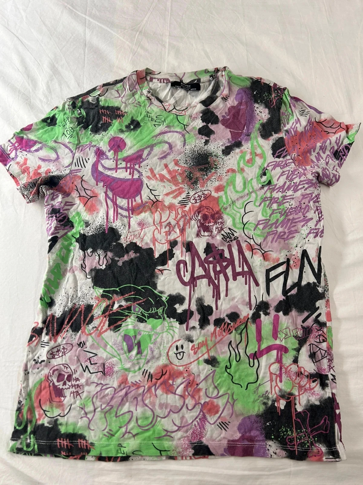 Wit paars groen vintage motief T-shirt Bershka – photo 2